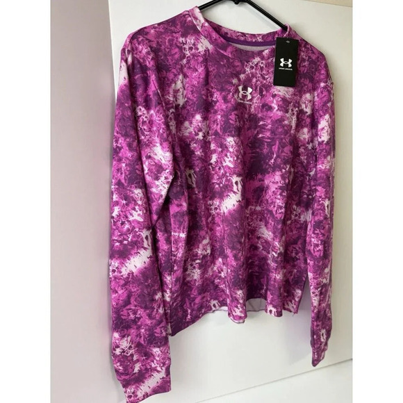 UNDER ARMOUR RIVAL TERRY PRINT CREWNECK LONG SLEEVE SHIRT Women Pink/White Large - Picture 5 of 8